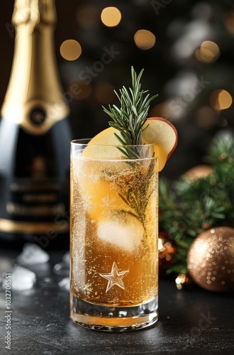 Sparkling holiday cocktail with apple and rosemary garnished by festive decor...