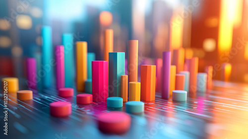 Vibrant digital landscape featuring 3D colorful bar charts and abstract cityscape lights, representing growth, technology, and data trends in a futuristic world.