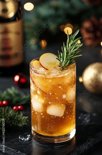 Sparkling holiday cocktail with apple and rosemary garnished by festive decor...
