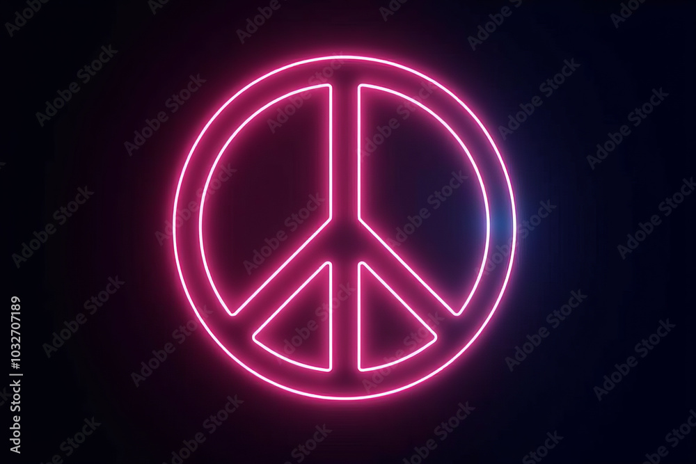 Neon Pink Peace Sign Glowing Against a Dark Background, Representing Peace and Positivity Neon Pink Peace Sign Glowing Against a Dark Background, Representing Peace and Positivity