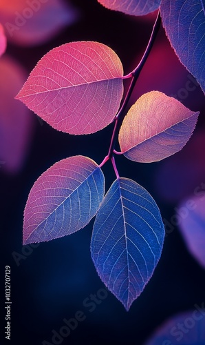 Colorful leaves illuminated by soft light in a serene setting during twilight...