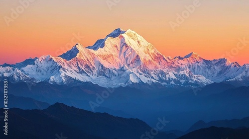  A stunning aerial shot of a majestic mountain peak surrounded by a captivating pink sky, with a sleek airplane gracefully gliding into the foreground