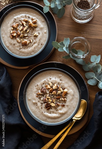 Delicious creamy soup with nuts served in black bowls on a wooden table with ...