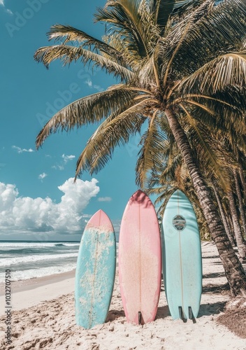 Two surfboards resting on a sandy beach under palm trees during a sunny day