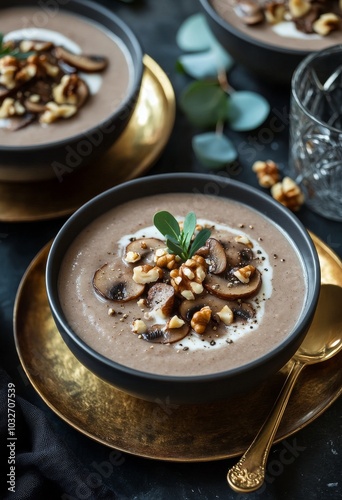 Delicious creamy soup with nuts served in black bowls on a wooden table with ...