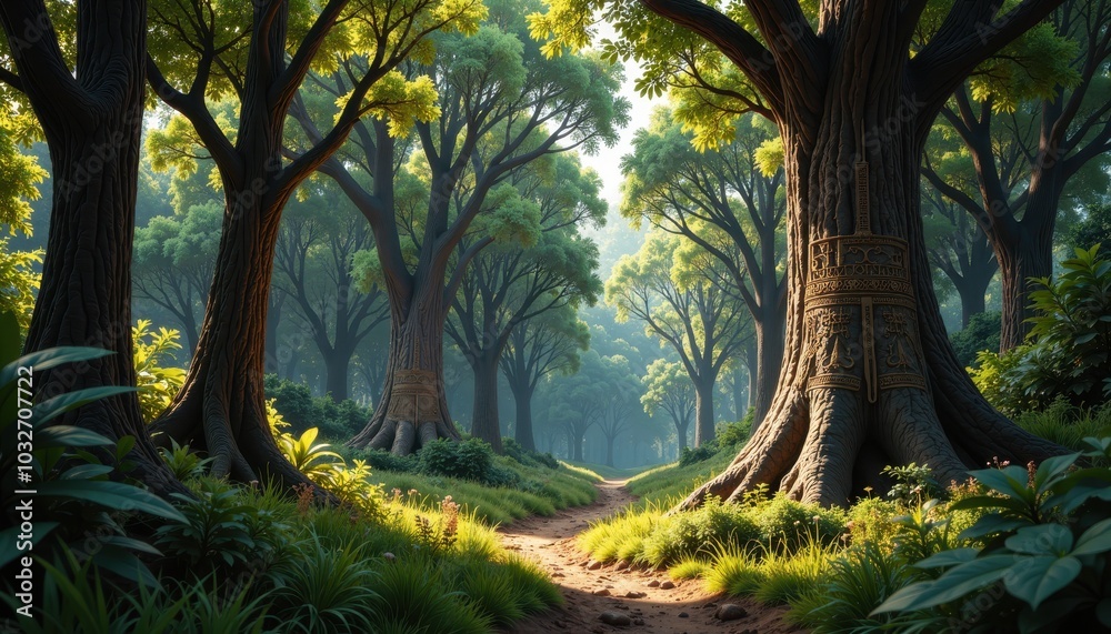 Fototapeta premium A peaceful forest scene with tall trees swaying gently in the breeze, with sacred symbols and ancient scripts carved into the bark, marking the birthplace of Valmiki’s enlightenment.