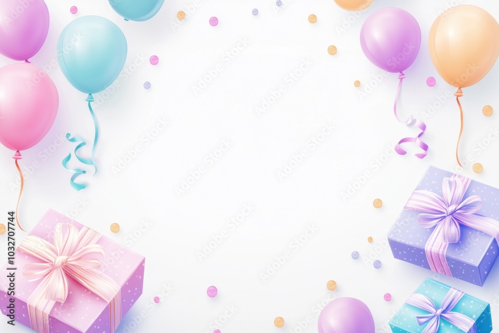 A background with birthday gifts and balloons on the right, white space in the center of the frame, color theme of light pastel colors Generative AI A background with birthday gifts and balloons on the right, white space in the center of the frame, color theme of light pastel colors Generative AI