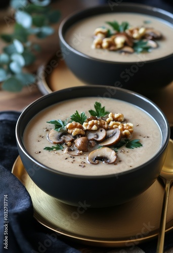 Delicious creamy soup with nuts served in black bowls on a wooden table with ...
