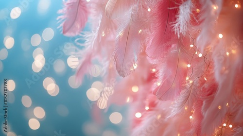 Delightful soft feathers hanging above warm twinkling lights in a cozy indoor...