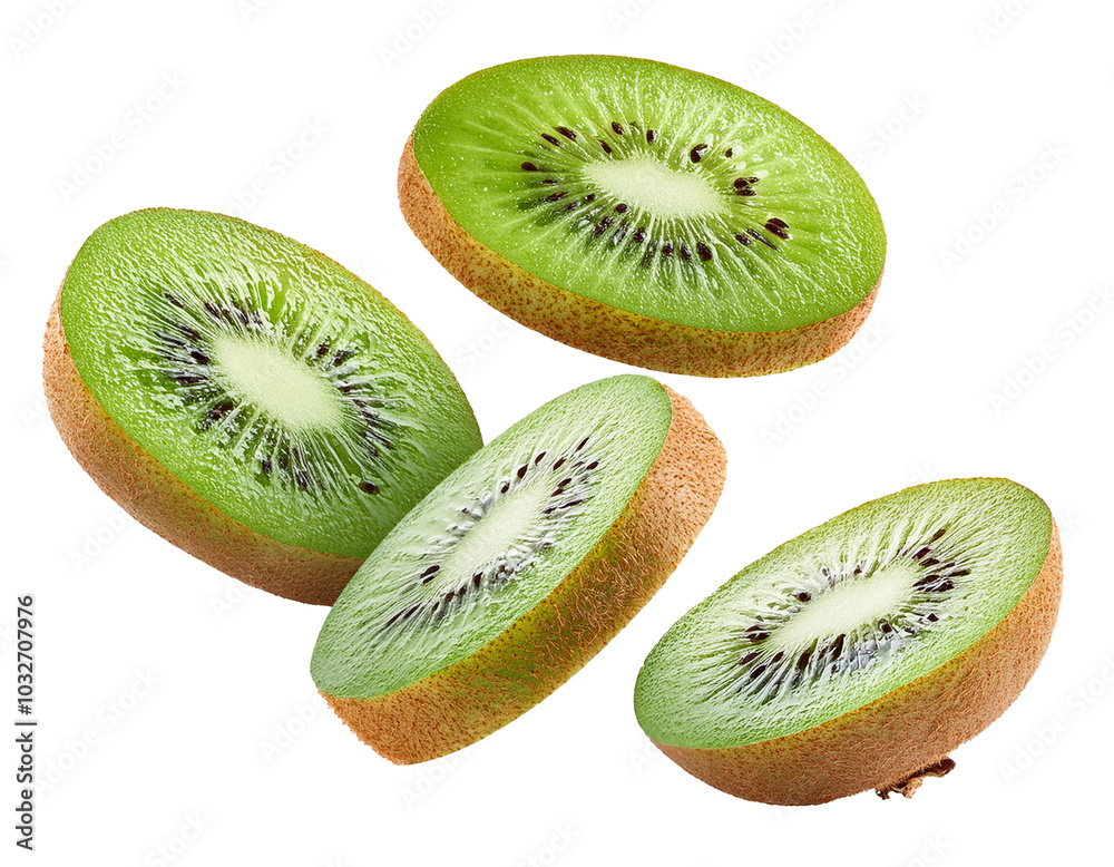 Fototapeta premium Kiwi pieces falling isolated on white background, cutout