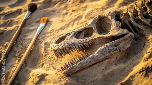 A dinosaur skull fossil partially excavated in sand, accompanied by brushes for cleaning. photo