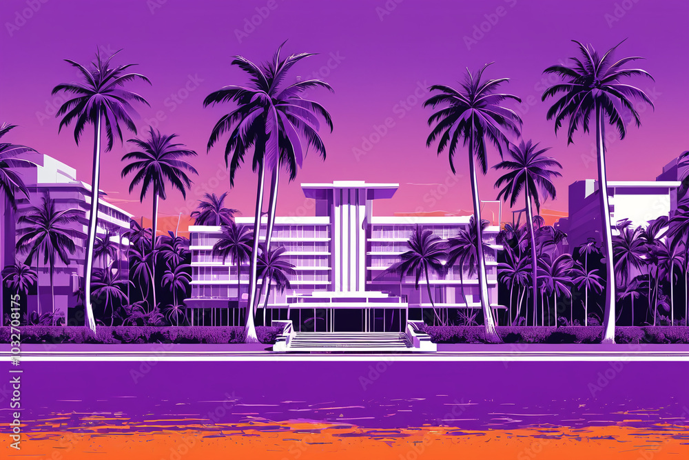 Fototapeta premium Miami city in 80's retro graphic style 
