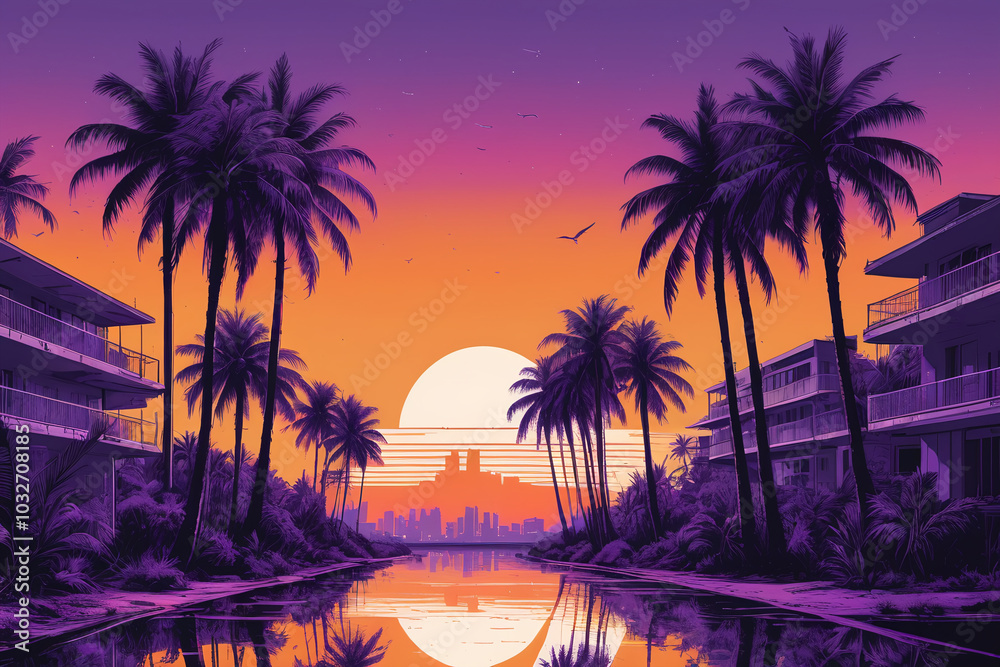 Obraz premium Miami city in 80's retro graphic style 