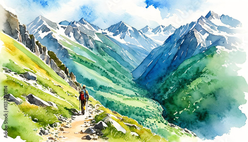 Hiker walking in mountain, artistic watecolour painting photo