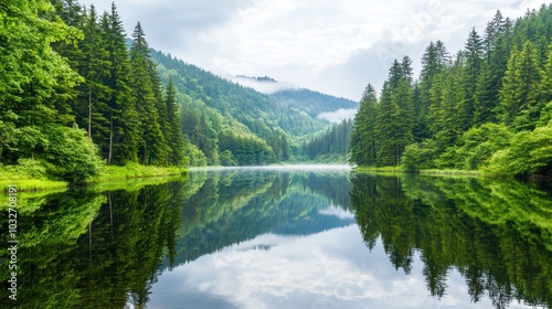 Serene forest landscape with crystal clear lake reflecting lush trees and mountains under a cloudy sky.