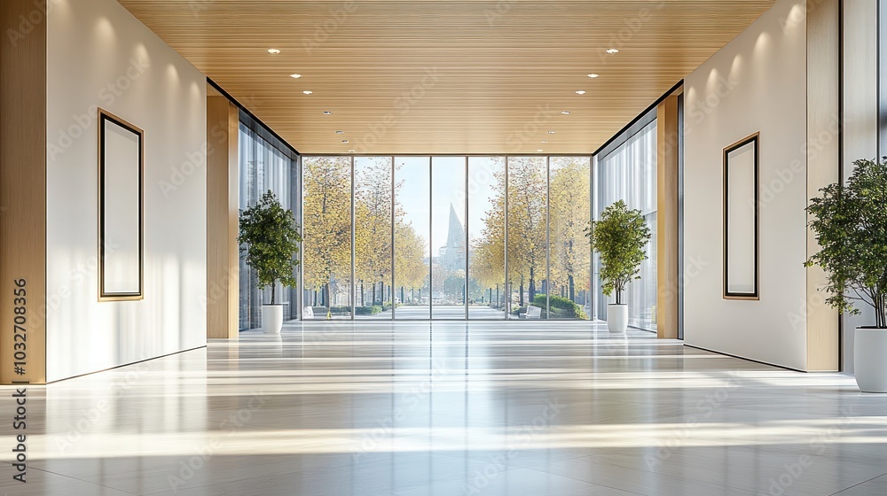 Fototapeta premium Modern office hallway with large windows and wood paneled ceilin