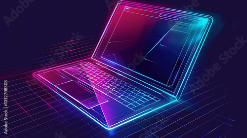 Laptop in neon colors on a dark background.