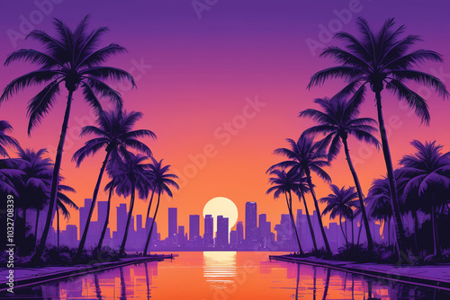 Miami city in 80's retro graphic style 