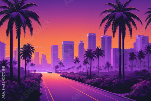 Miami city in 80's retro graphic style 