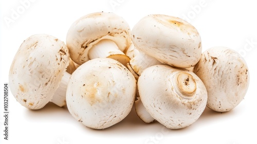 A cluster of fresh white mushrooms on a white background, ideal for culinary use.