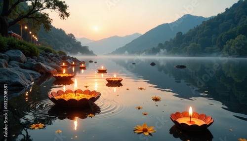 A peaceful riverside view with floating candles and flower offerings carried by the current, with the outline of distant mountains and forests in the background, celebrating Valmiki Jayanti. photo