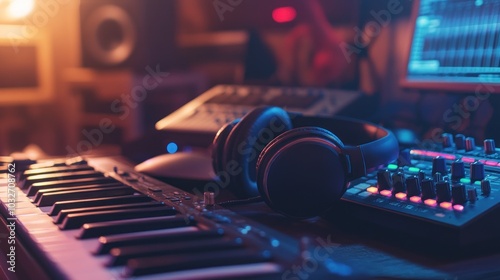 A music production setup featuring a keyboard, headphones, and sound equipment. photo