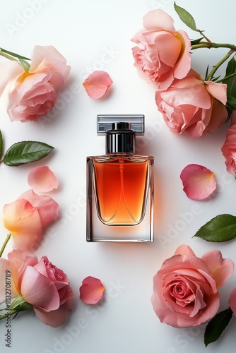 Elegant perfume bottle surrounded by fresh pink roses and delicate rose petal...