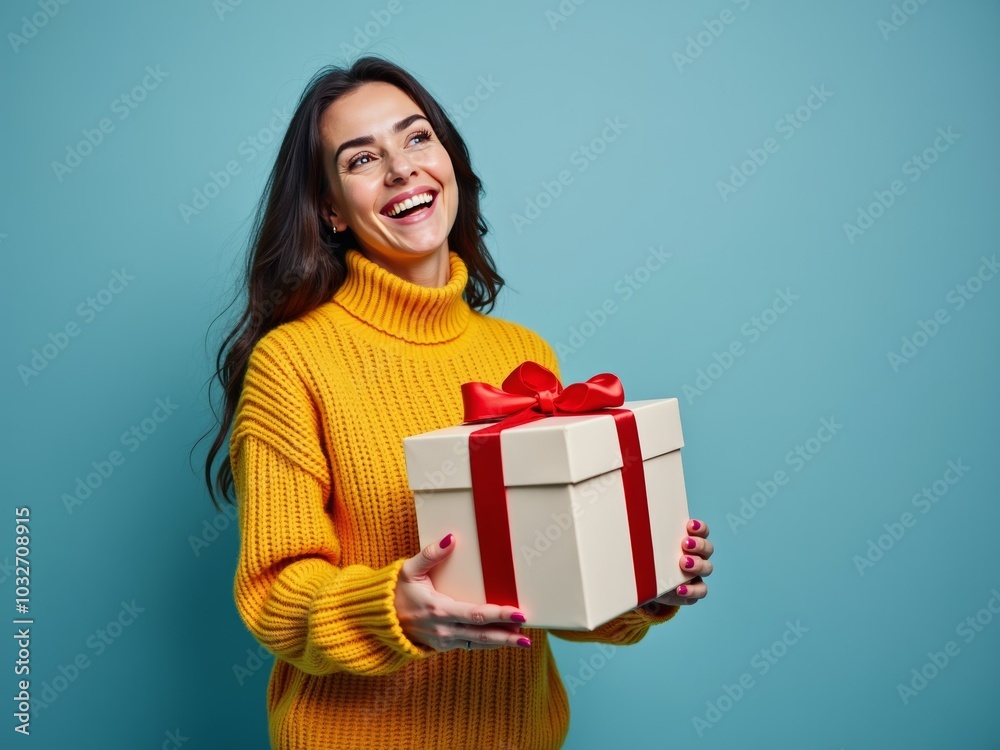 A joyful woman in a bright yellow sweater holds a beautifully wrapped gift, smiling against a vibrant blue backdrop during a cheerful celebration A joyful woman in a bright yellow sweater holds a beautifully wrapped gift, smiling against a vibrant blue backdrop during a cheerful celebration