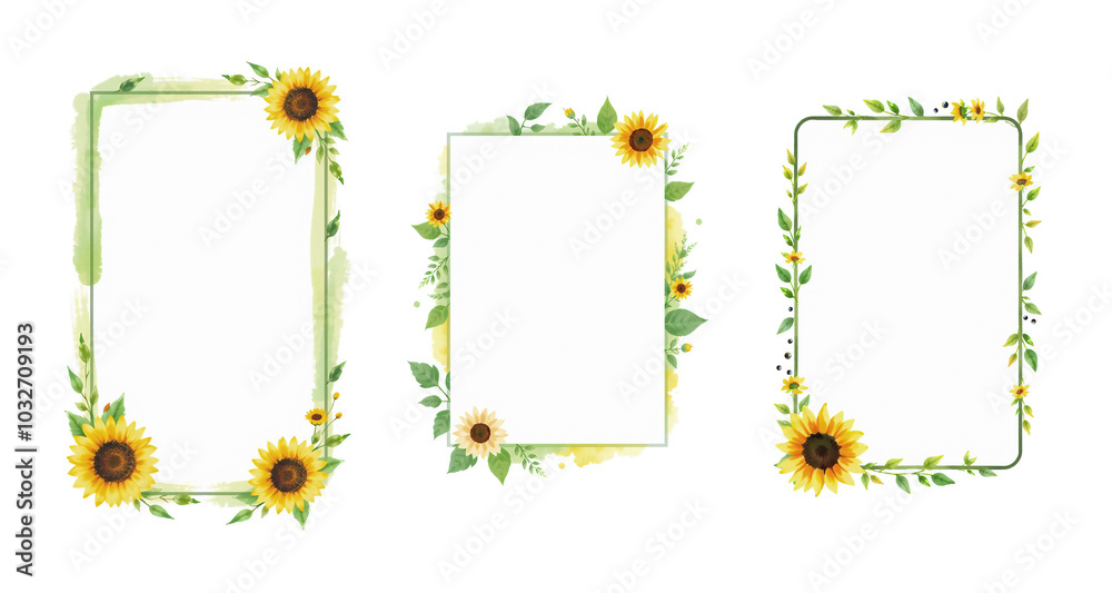 empty frames with space for text with light green and yellow, sunflowers and tea leaves, on white background, brush strokes, stylized card empty frames with space for text with light green and yellow, sunflowers and tea leaves, on white background, brush strokes, stylized card