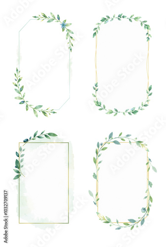 empty invitation labels with space for text with green and light blue, sophisticated flowers and olive leaves, ink style, isolated on white background, brush strokes