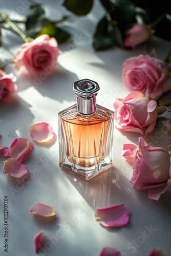 Elegant perfume bottle surrounded by fresh pink roses and delicate rose petal...
