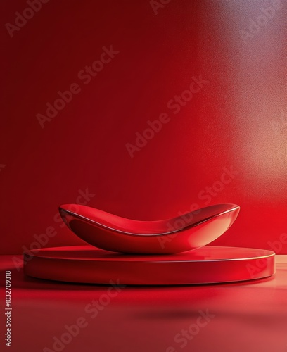 Modern red sculpture displayed on a circular base against a vibrant red backg...