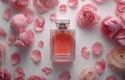 Elegant pink perfume bottle surrounded by fresh roses and petals on a white s...