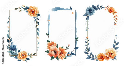 watercolor invitation frames set with dark blue and dark orange, peony flowers and beech leaves, stylish brush strokes, isolated on white, stylized paint