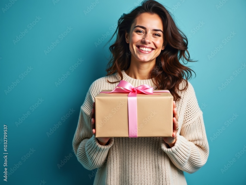 A joyful woman in a cozy knit sweater holds a beautifully wrapped gift, smiling brightly against a vibrant blue backdrop