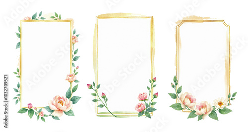 Fototapeta Naklejka Na Ścianę i Meble -  empty frame with gold and light green, peony flowers and water lily leaves, isolated, stylized ink card, brush stroke art