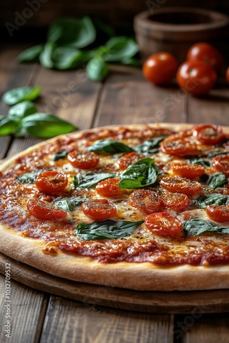 Freshly baked pizza topped with tomatoes and basil on a wooden table in a war...