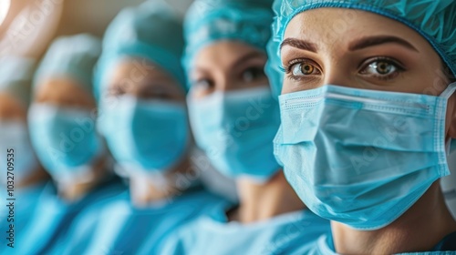 a team of operating room nurses, female doctors in uniforms, masks and hats, a number of close-up faces, a look at the camera