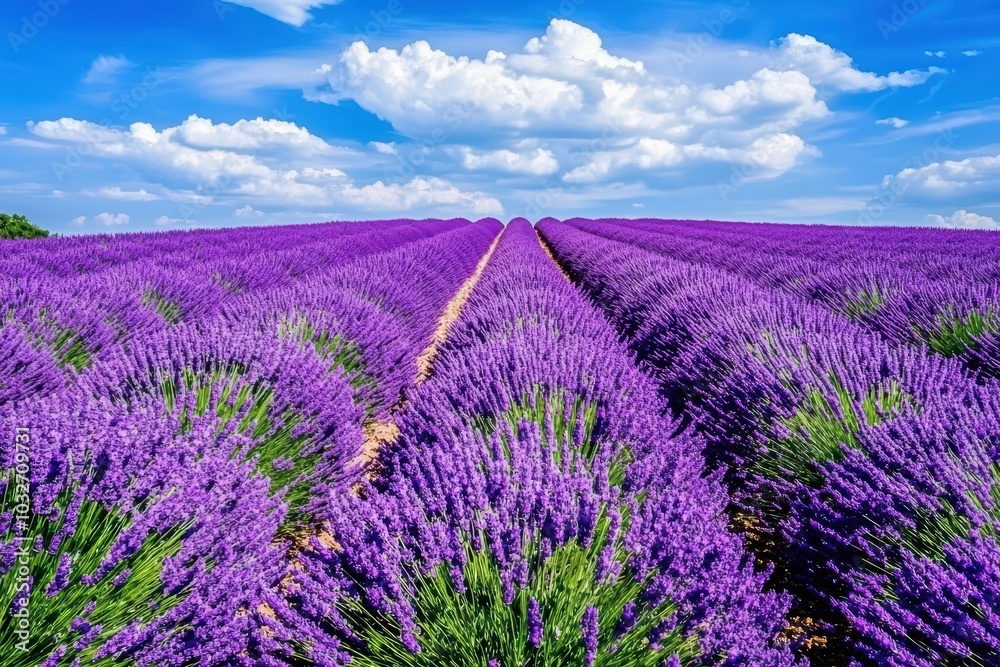 Naklejka premium Vibrant lavender fields under a blue sky with fluffy clouds, showcasing rows of lush purple flowers