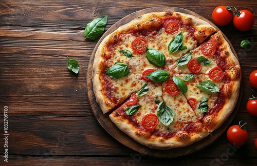Freshly baked pizza topped with tomatoes and basil on rustic wooden table