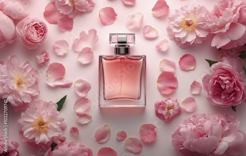 Elegant pink perfume bottle surrounded by fresh roses and petals on a white s...