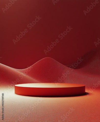 Modern red sculpture displayed on a circular base against a vibrant red backg...