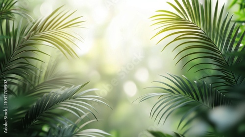 Lush green palm leaves illuminated by soft sunlight in a serene outdoor setting