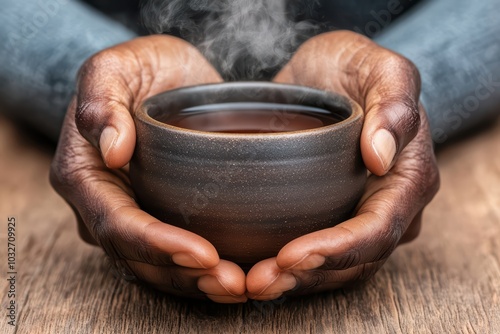 Warm hands gently cradle a steaming cup of tea, evoking comfort and relaxation in a cozy setting.