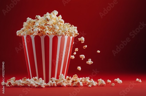 Delicious popcorn bursting from a striped red container against a bright red ...