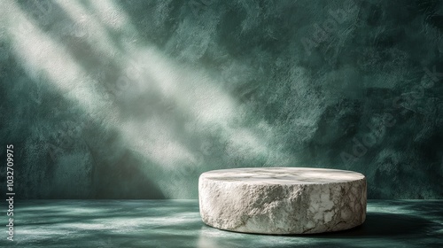 Minimalistic round stone pedestal in a dimly lit space with textured green wa...