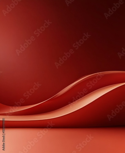 Modern red sculpture displayed on a circular base against a vibrant red backg...