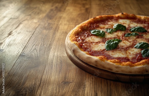 Freshly baked pizza topped with tomatoes and basil on rustic wooden table