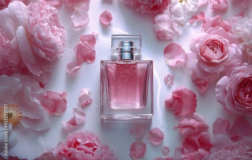 Elegant pink perfume bottle surrounded by fresh roses and petals on a white s...