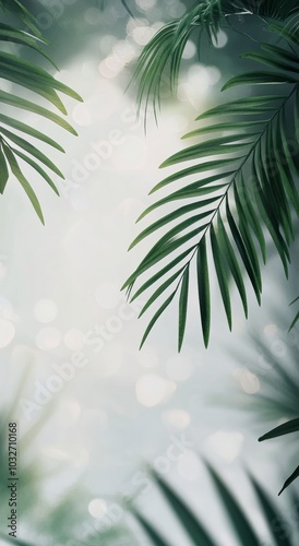Lush green palm leaves against a soft white background in a tranquil setting
